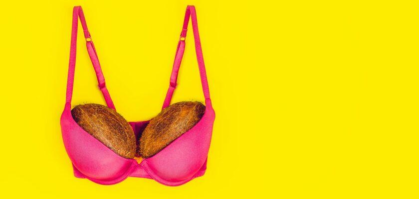 Two coconuts in bright pink bra on yellow background. Woman breast metaphor. Plastic surgery,