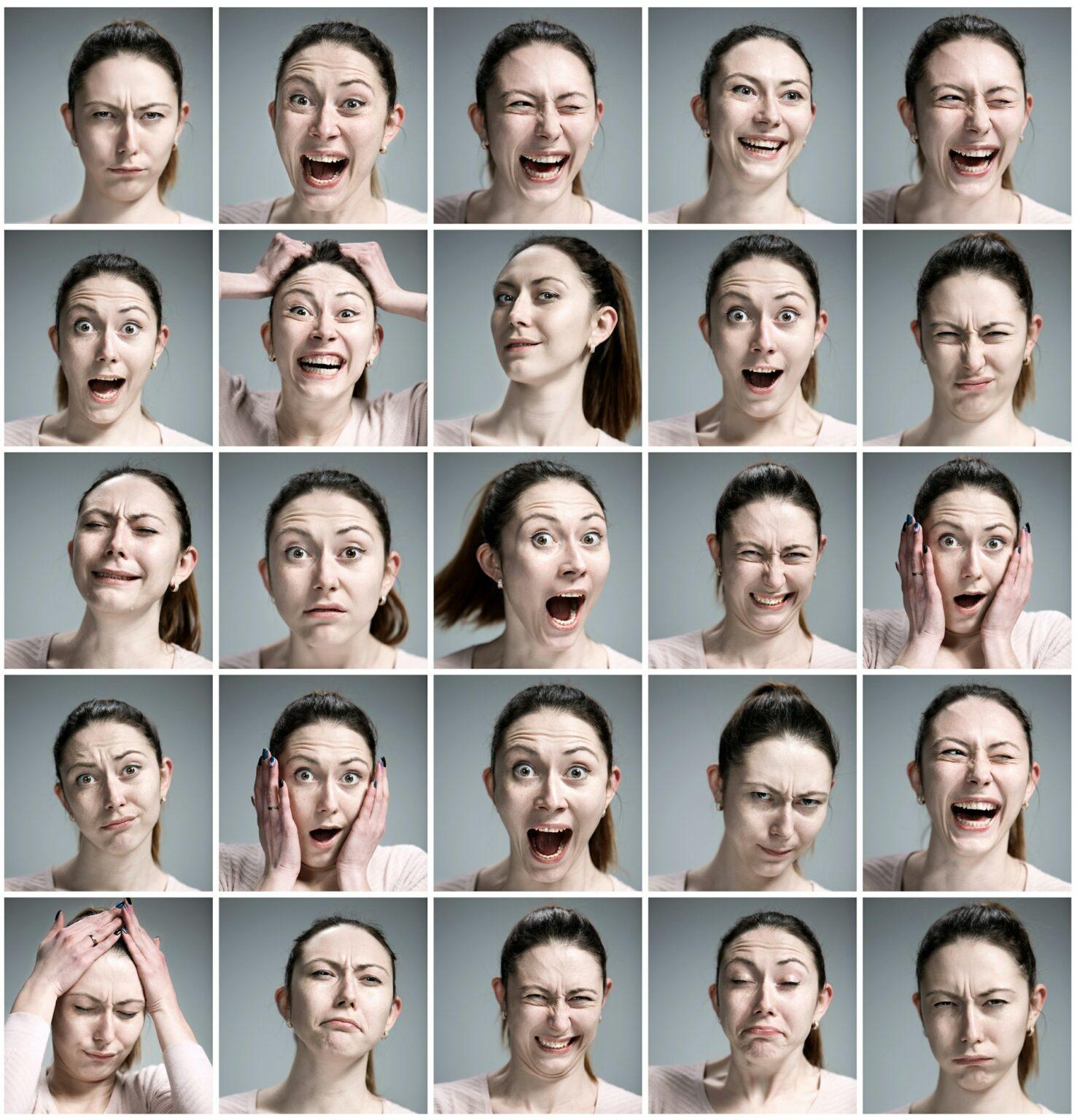 L’enseignement des émotions partagées et les aspects positifs des troubles psychologiques 33Set of young woman's portraits with different emotions on gray background2