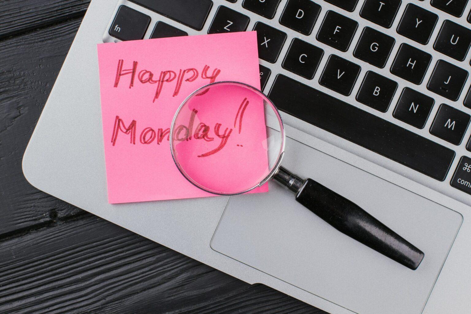 Close up laptop with glass magnifier and happy monday wish.