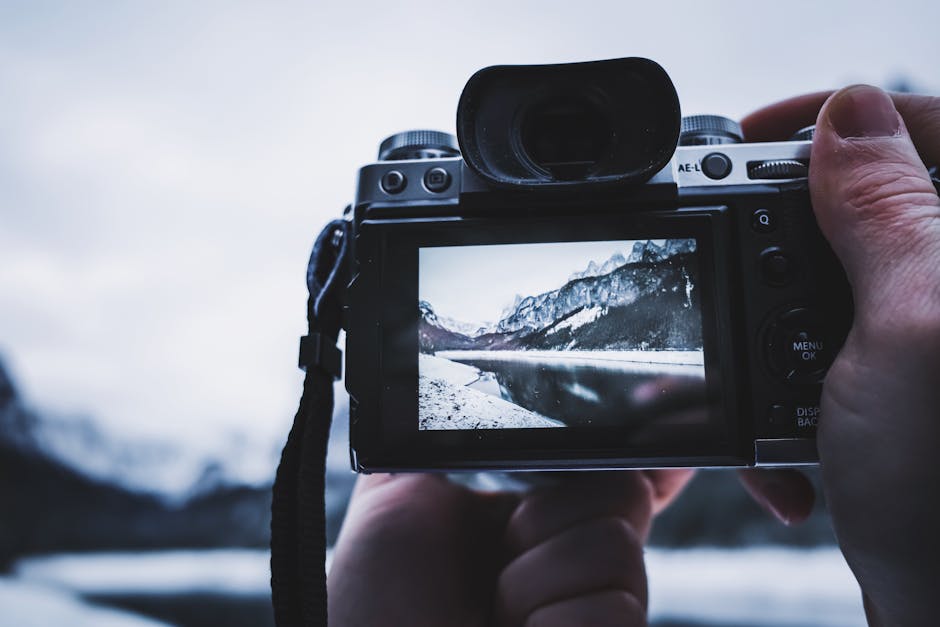 Person holding a camera in a calm natural setting