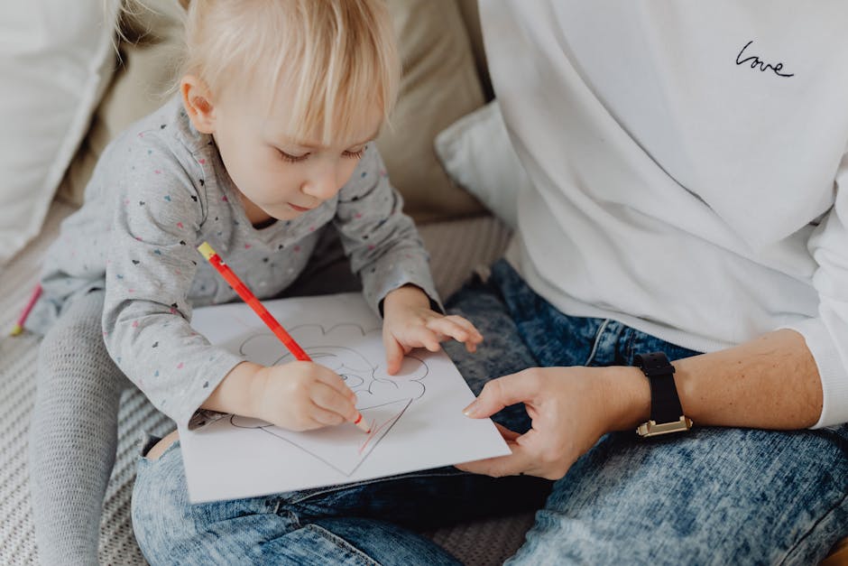 Child drawing or calming down with a parent nearby, showing emotion regulation