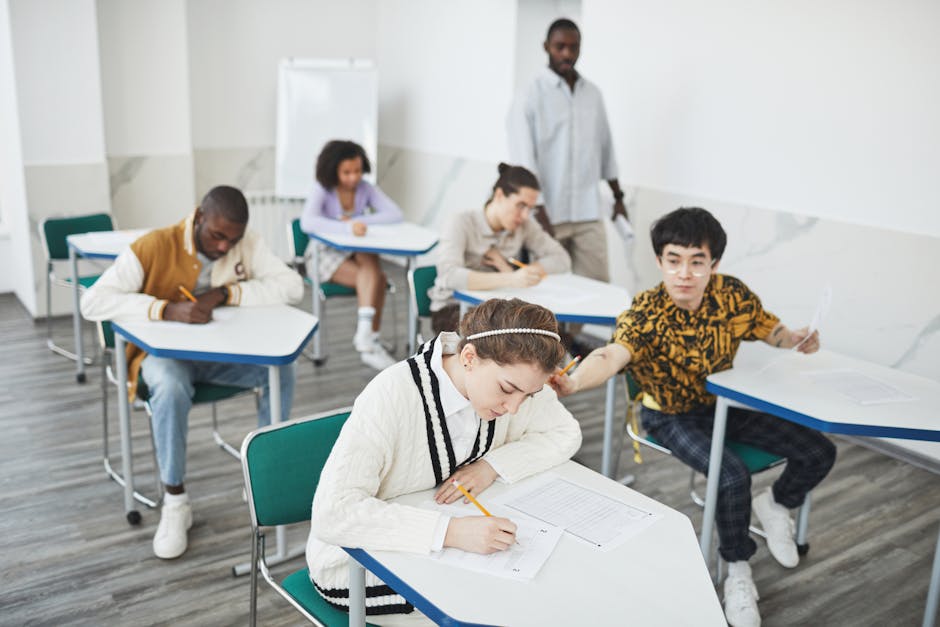 Calm student studying in a quiet classroom with focused attention
