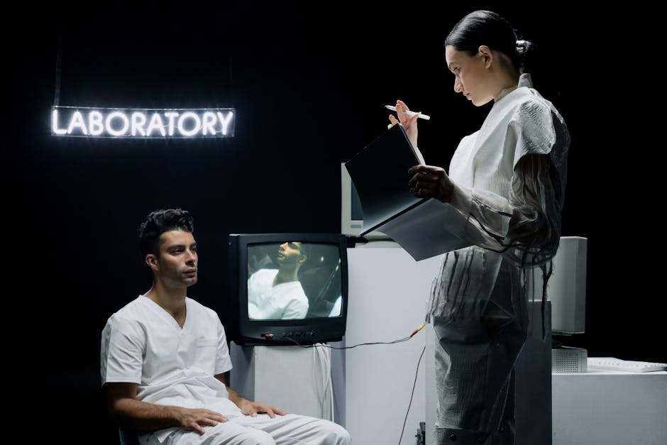 Deux scientifiques dans un laboratoire futuriste analysant des données en psychologie animale.