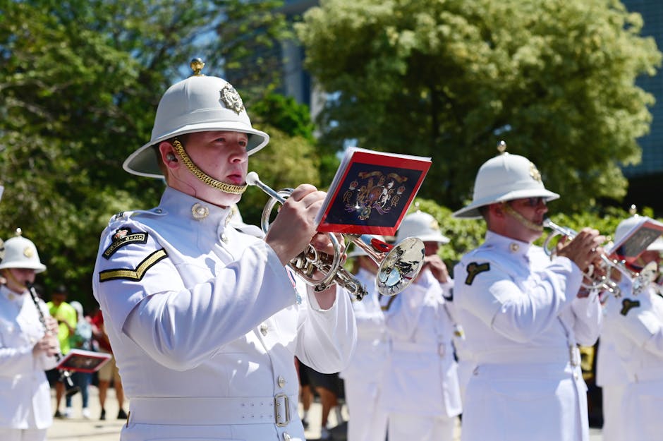 La marche méditative : technique et bienfaits The Royal Marines Band performs in a sunny outdoor parade, showcasing military precision and musical talent.