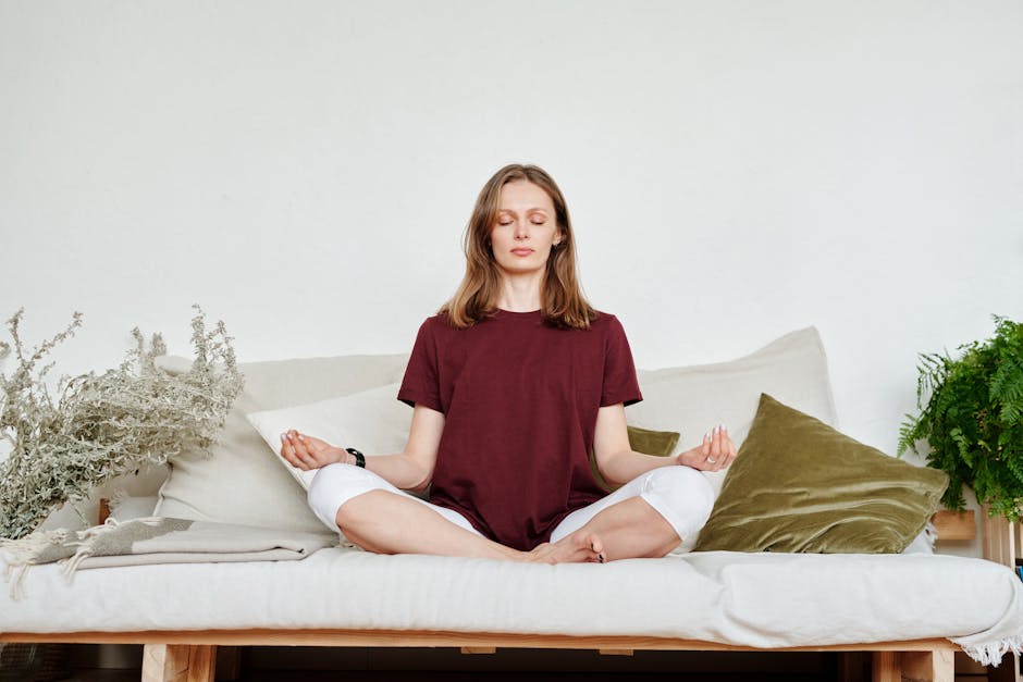 Teen student practicing mindfulness breathing at home