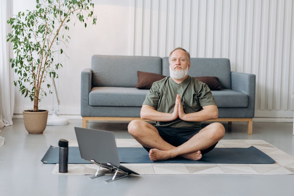 Senior practicing mindfulness meditation in a calm, bright room