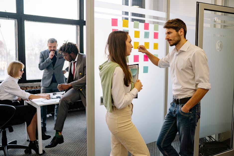 Creative brainstorming session with sticky notes and collaborative team