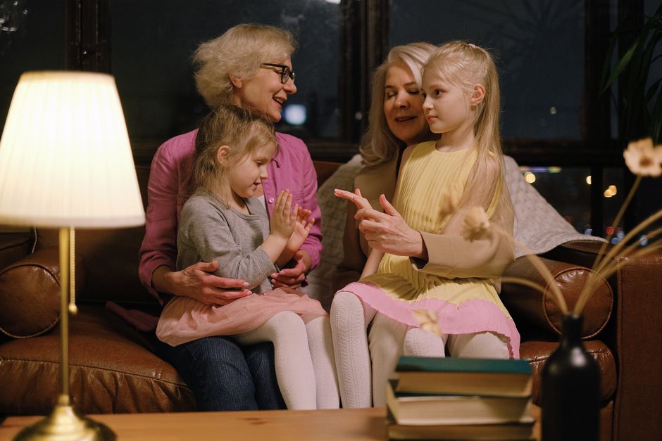 Family conversation at home about memories and identity