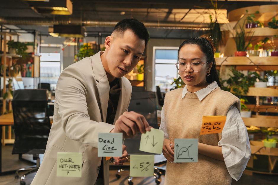 Modern workplace with collaborative workshop and sticky notes
