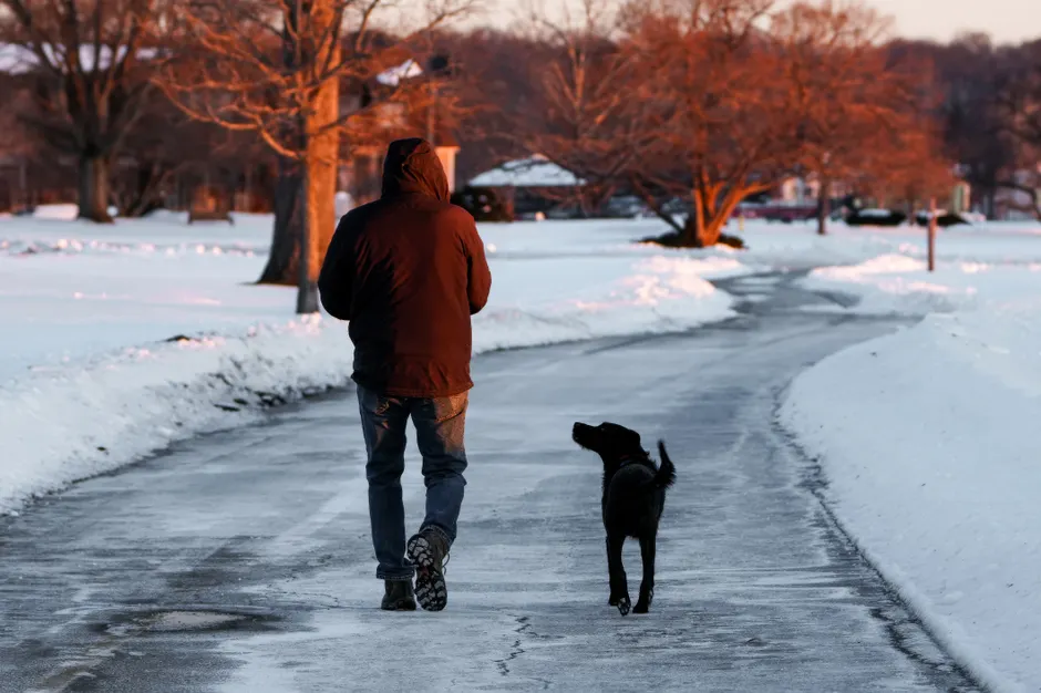 A person walking with a black dog on a snow-covered path during winter sunset.