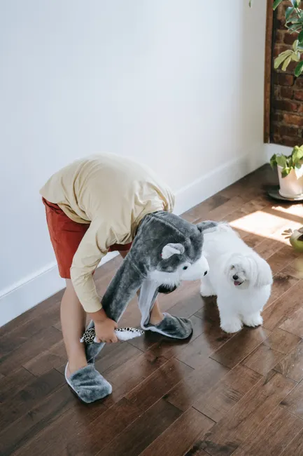 A child in a playful dog costume bends over to interact with a fluffy white dog indoors.