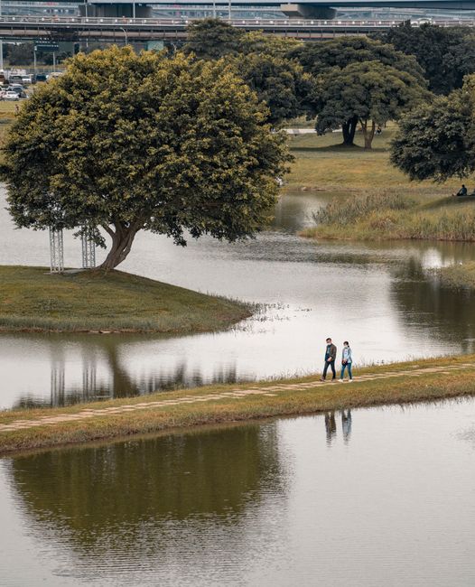 A couple walks along a peaceful park path beside a reflective lake and lush trees.