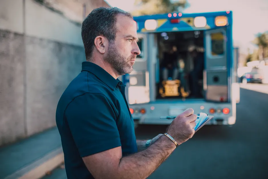 A focused paramedic taking notes beside an open ambulance on a sunny day.