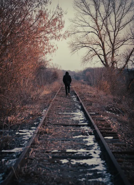 A lone person walks down an abandoned railway track in a winter landscape, surrounded by bare trees.