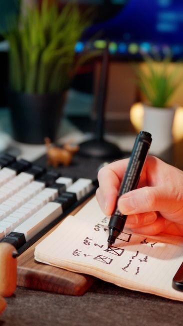 A person marking tasks on a checklist using a marker pen beside a keyboard in an office setting.
