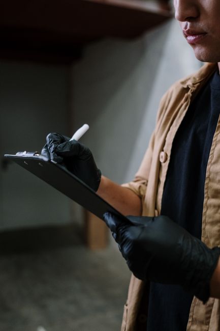 Close-up of person in black gloves using clipboard, possibly for inspection.