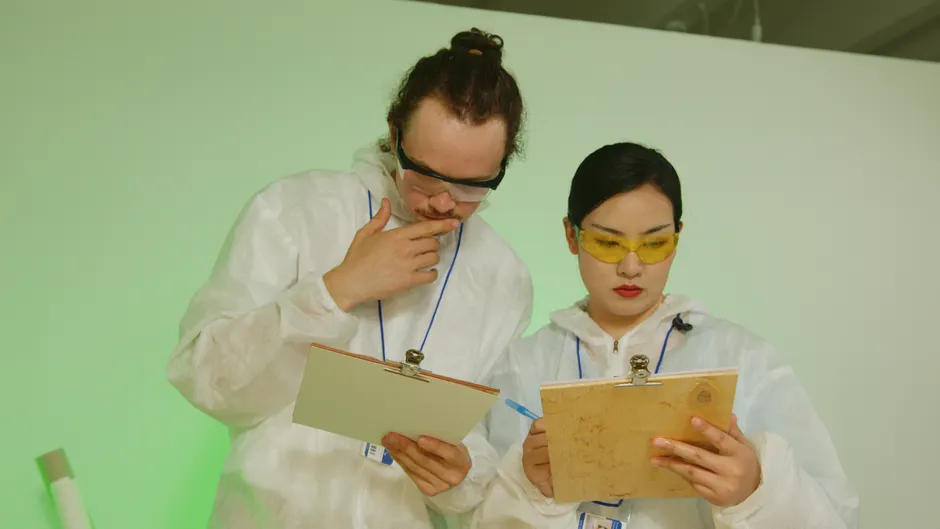 Two researchers in laboratory attire reviewing experiment data on clipboards.