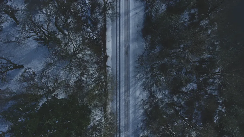 Syndrome de la neige visuelle : quand le champ de vision devient du bruit A stunning bird's-eye view of snow-covered train tracks amidst a winter forest in Washington State.
