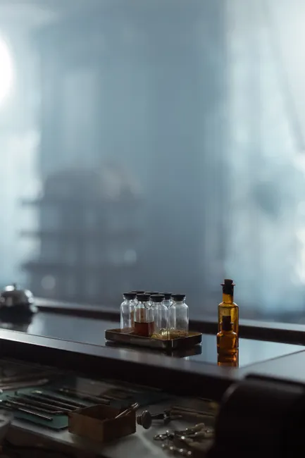 Aesthetic display of vintage medicine bottles in a dimly lit indoor setting, evoking a nostalgic atmosphere.