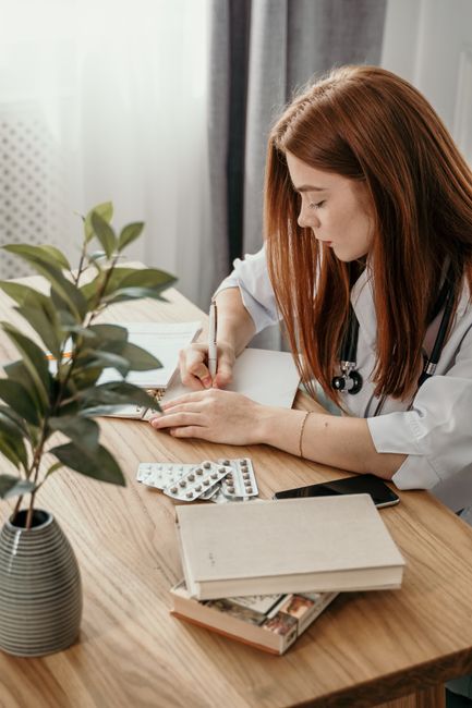 Young red-haired woman writing in a notebook at her desk with medical tools.